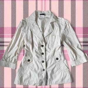 cream button up jacket with 3/4 sleeves